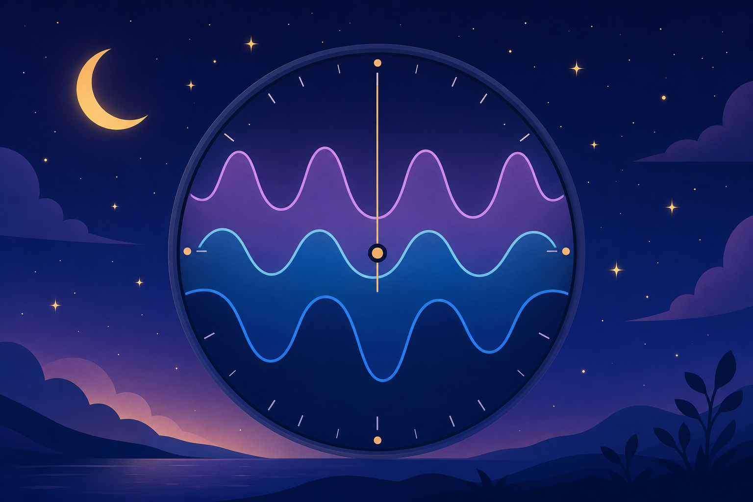 90-minute sleep cycle visualized as a clock face with sleep-stage wave patterns