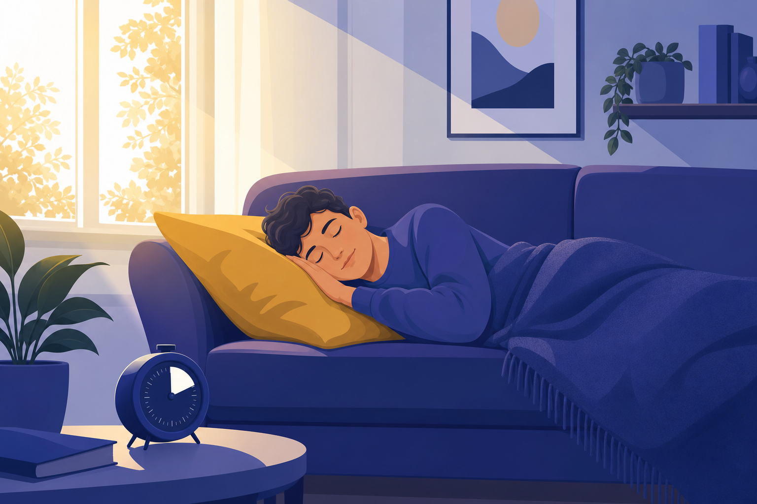 Ideal bedtime scene with a person settling into bed and an alarm clock showing the recommended hour