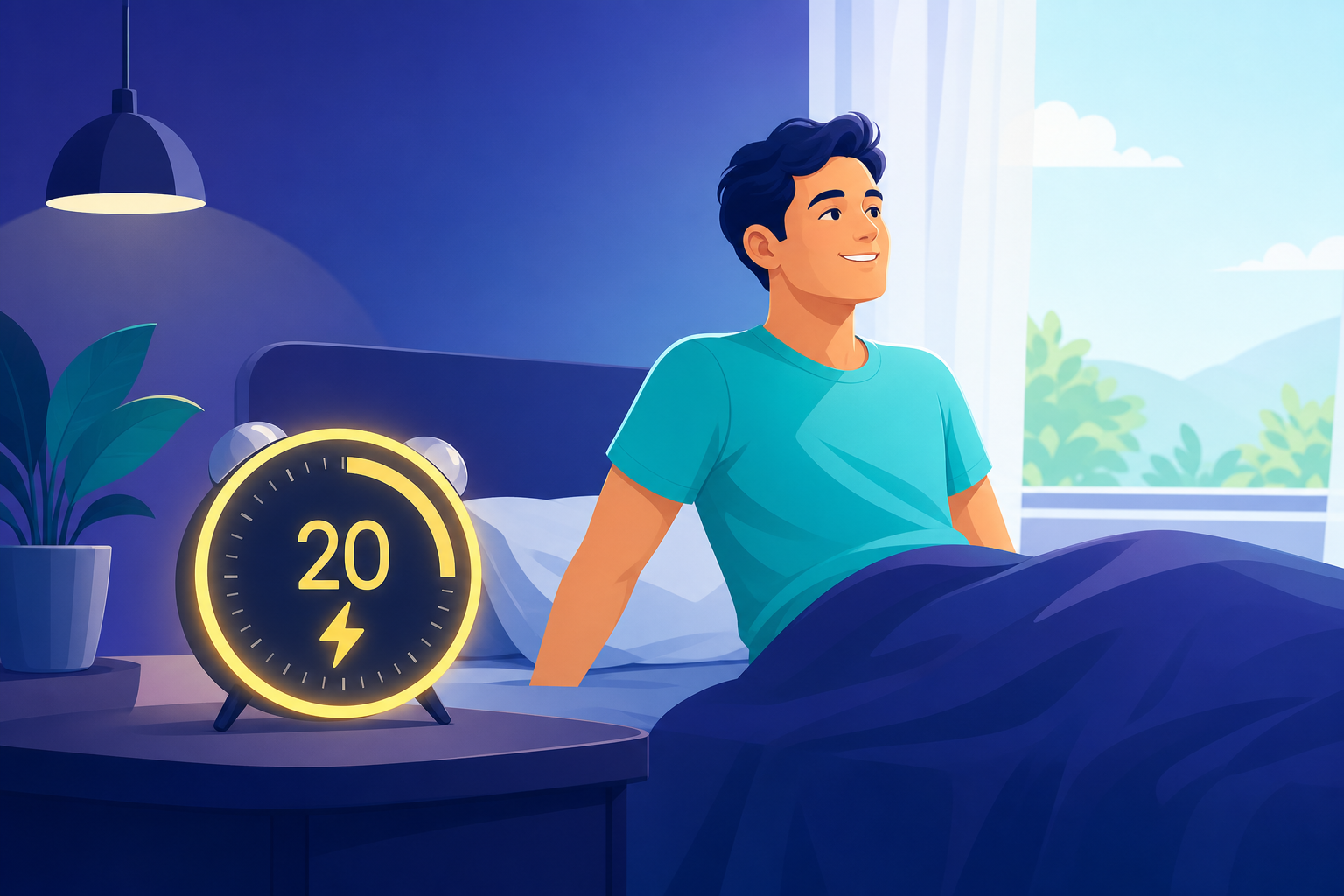 Sleep cycle timeline showing the four 90-minute stages — light sleep, deep sleep, and REM — under a starry night sky