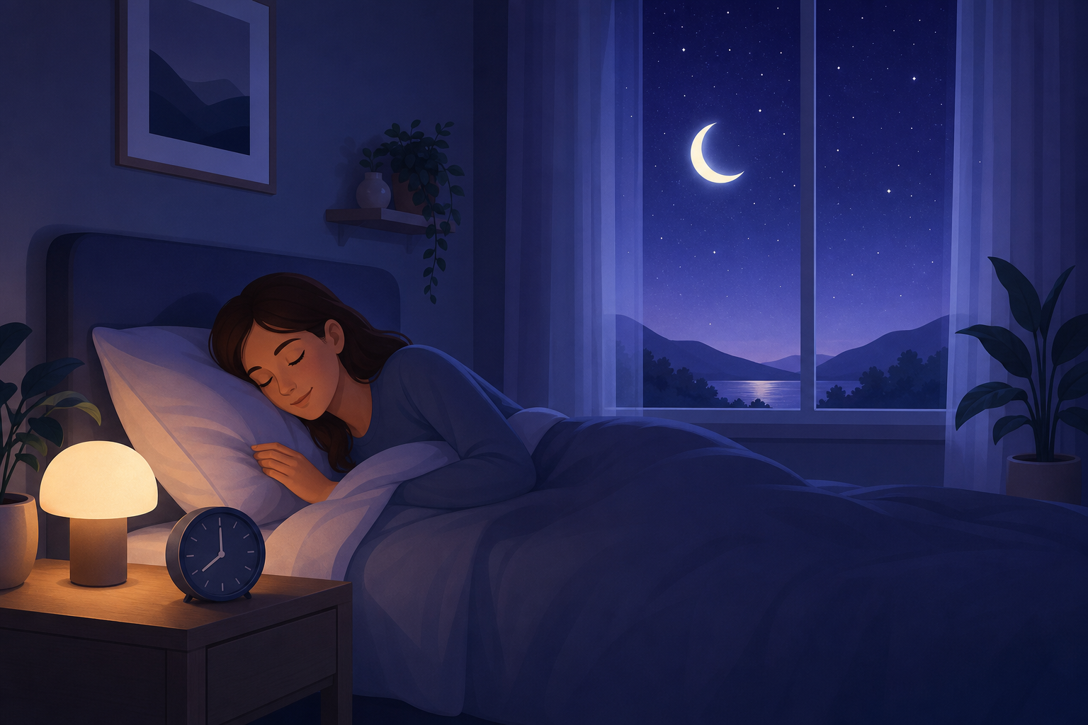 20-minute power nap concept with an alarm clock and energy bolt, showing a refreshed person
