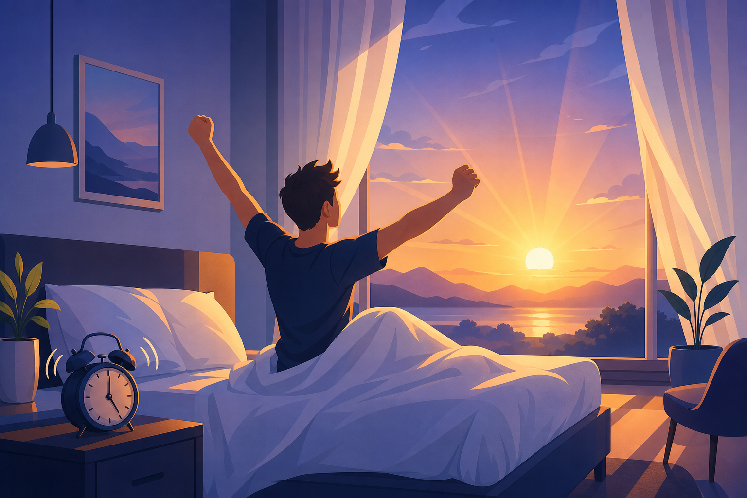 Sleep inertia — a groggy person waking up with foggy thought swirls around their head and a coffee cup