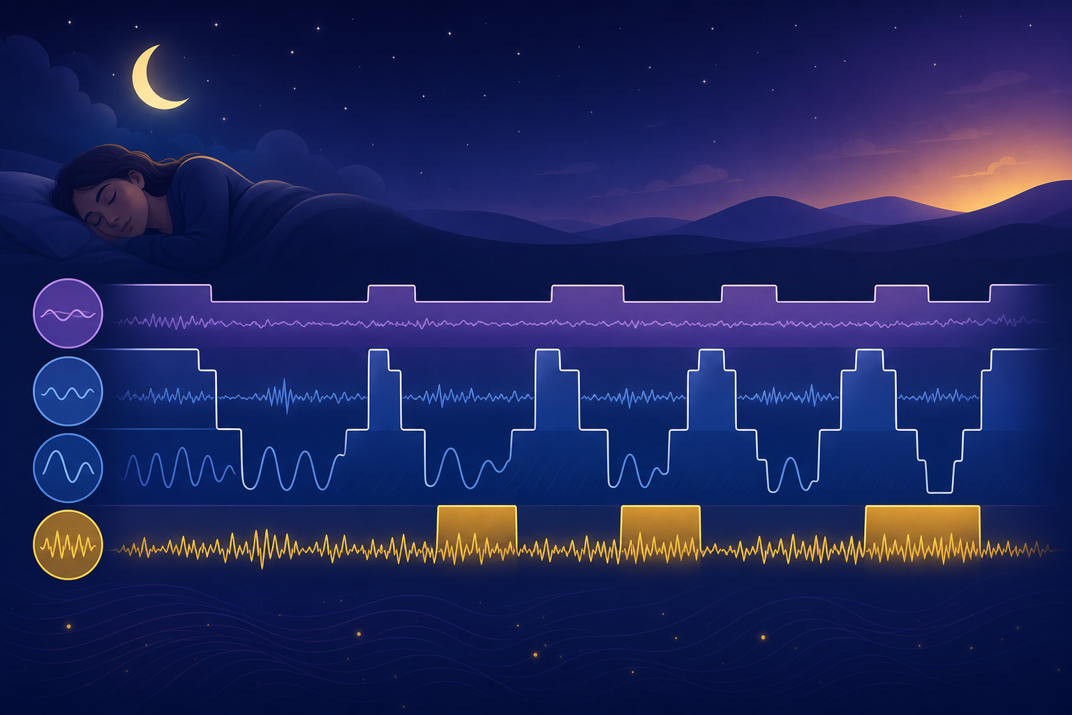 The four sleep stages N1, N2, N3 and REM shown as a colored hypnogram wave pattern