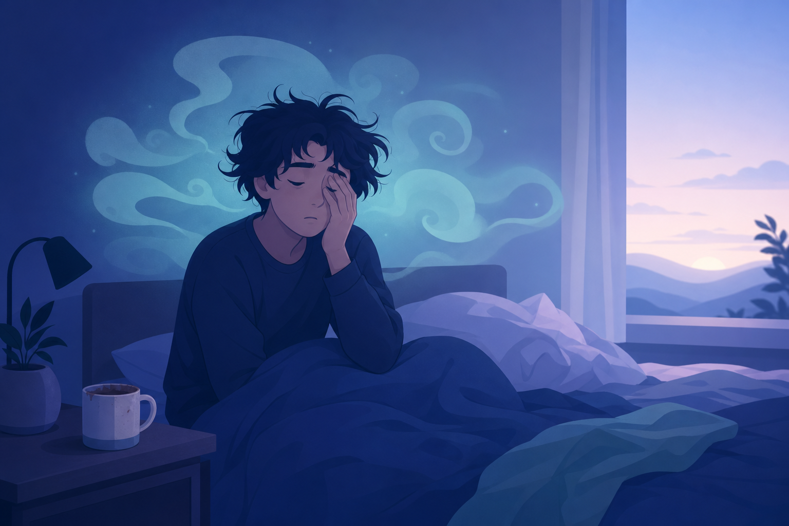 Wake-up scene with an alarm clock ringing at 6 AM and golden sunrise rays through curtains